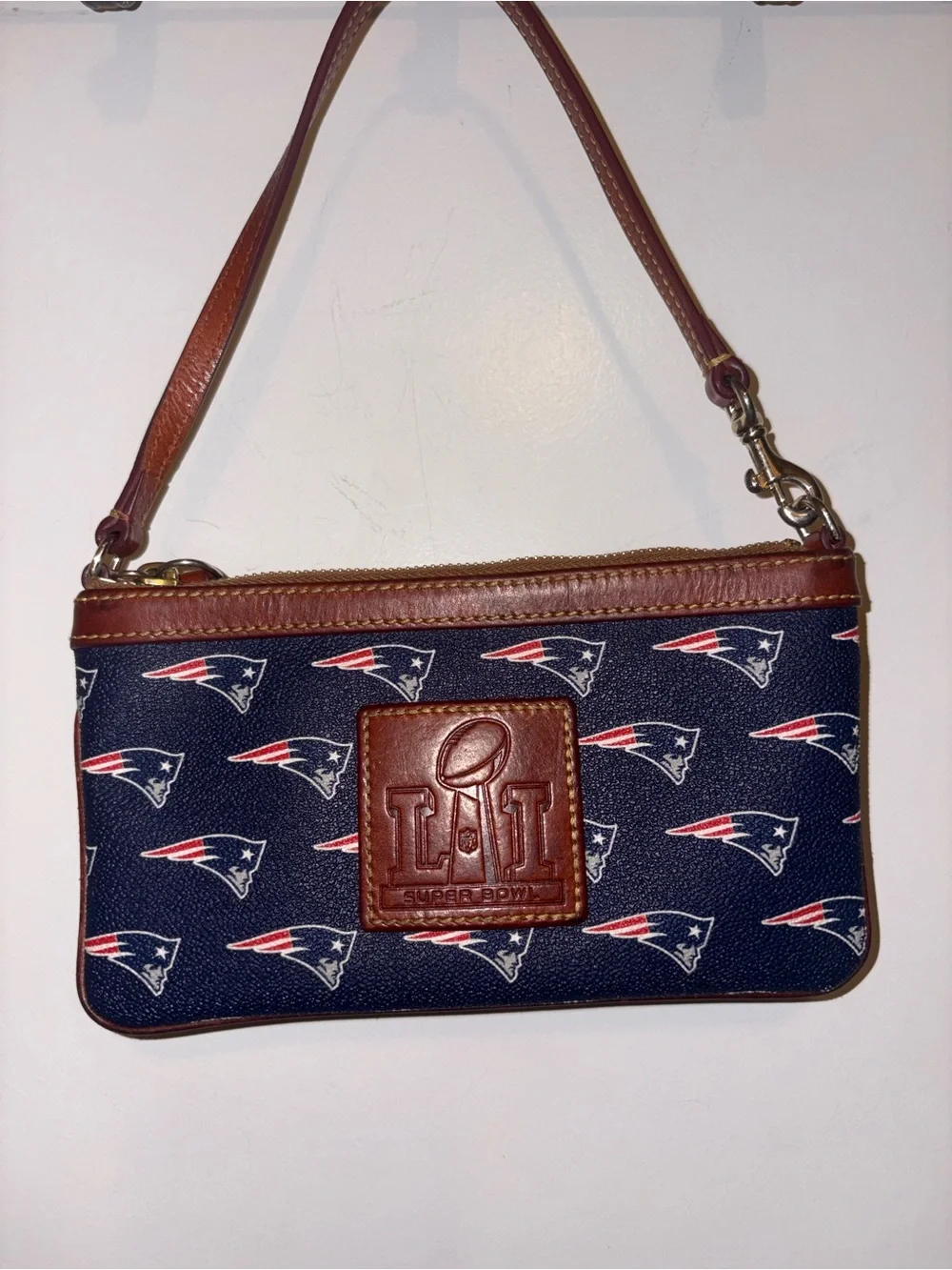 Dooney & Bourke Navy and Brown Logo Patch Wristlet